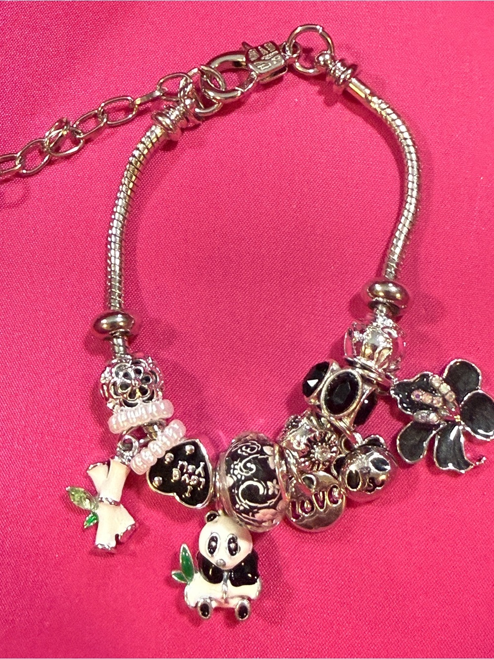 Silver Charm Bracelet with Black & White Panda and Floral Charms